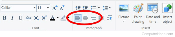 Menu bar in WordPad with alignment options circled in red