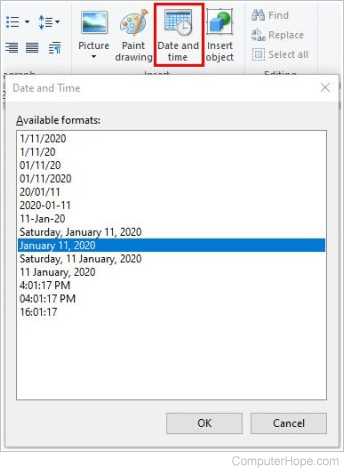 Insert date and time in WordPad
