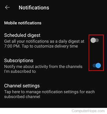 Toggling notifications on YouTube mobile.