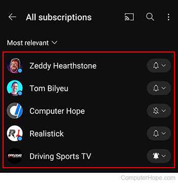 List of current subscriptions on YouTube mobile.