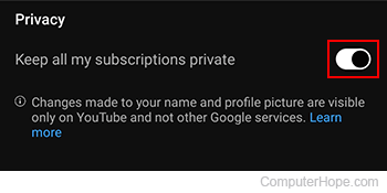 Toggling privacy for subscriptions on YouTube mobile.