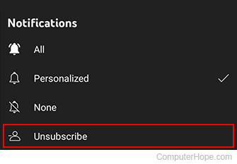 Unsubscribe selector on YouTube Android.