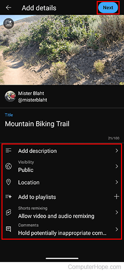 Video upload options on YouTube mobile.