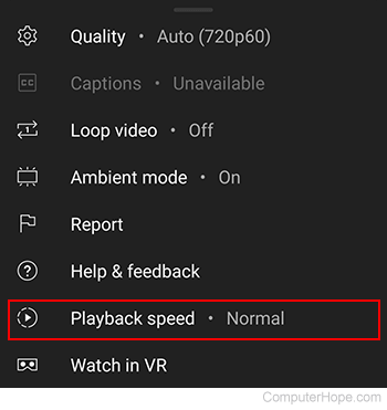 Playback speed selector on YouTube mobile.