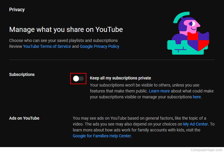 Toggling subscription privacy on a YouTube account.