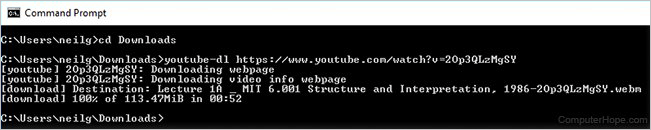 Running youtube-dl at the Windows command line.
