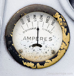 Amperes gauge with needle slightly pointing to Low charge level