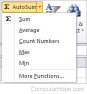 Autosum option and drop-down menu in Microsoft Excel