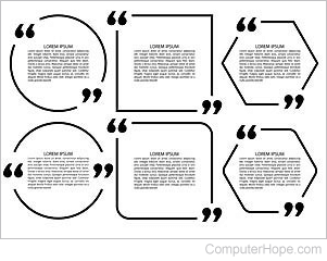 Six examples of quoted words surrounded by a circle, square, or hexagon