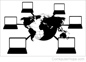 Six computers connected to a globe of the world.
