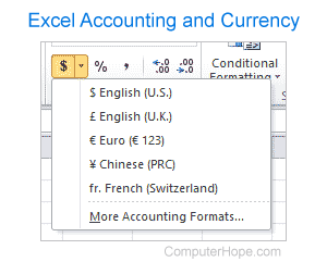 Excel currency and accounting