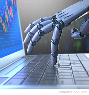 Robot typing on a laptop keyboard.