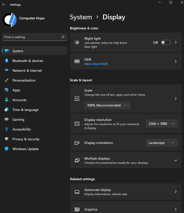 Display settings in Microsoft Windows 11
