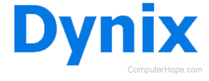Dynix in white lettering on blue background.