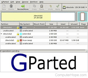 GParted screenshot and logo.