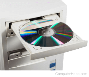 Ejected CD-ROM (compact disc read-only memory) tray with a compact disc in the tray.