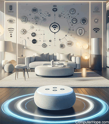 Internet of Things represented by a smart speaker connecting to other devices in a home.