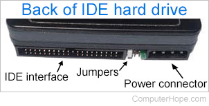 Jumpers on back of IDE (integrated drive electronics) hard disk drive