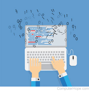 Illustration of person typing code on a laptop.