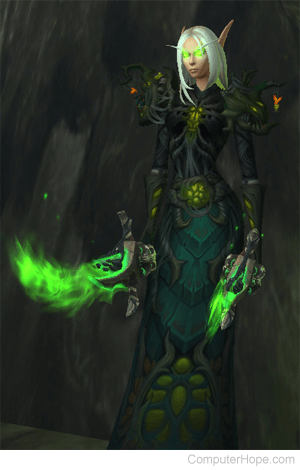 World of Warcraft character with a transmogrified gear set.