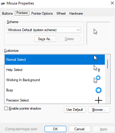 Pointers tab in the Windows Mouse Properties.