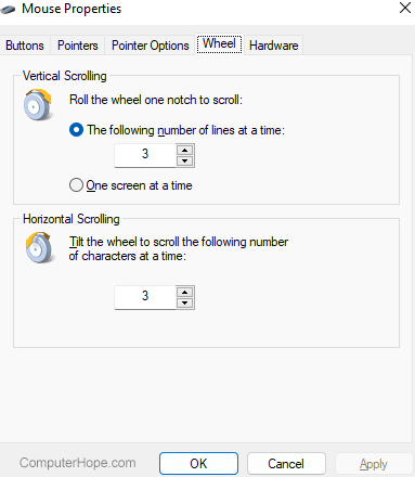 Mouse Properties wheel scrolling settings in Windows 11.