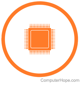 Orange illustration of a computer processor surrounded by a circle.