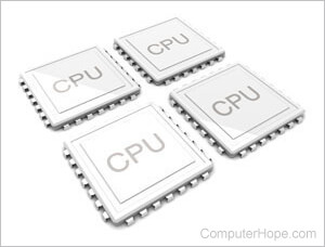 Four illustrated computer processors, representing multiprocessing.