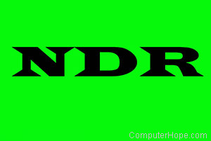 NDR in black lettering on green background.