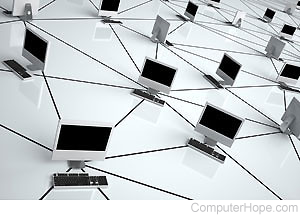 Multiple connected computers, representing a network.