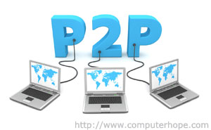 Three laptops connected to P2P characters.