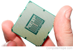 Hand holding a computer processor.