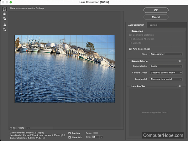 Lens Correction filter in Adobe Photoshop.