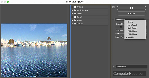 Paint Daubs settings in Adobe Photoshop.