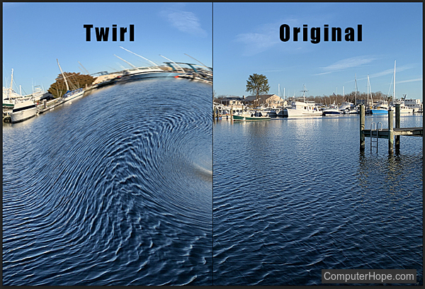 Twirl filter example in Adobe Photoshop.