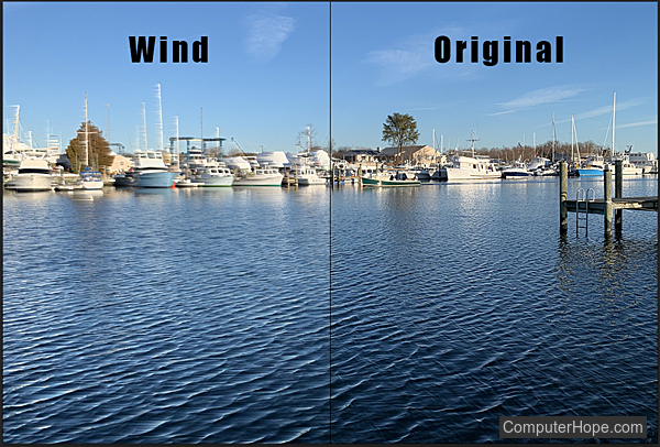 Wind filter example in Adobe Photoshop.
