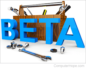 Wooden toolbox with various tools and the word Beta in front.