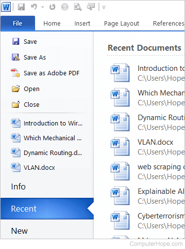 Recent documents in Microsoft Word