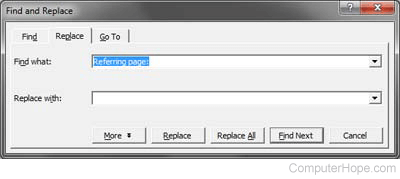 Find and Replace dialog box in Microsoft Word.