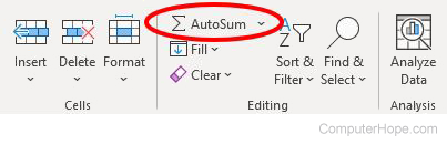 AutoSum function on the Microsoft Excel Ribbon