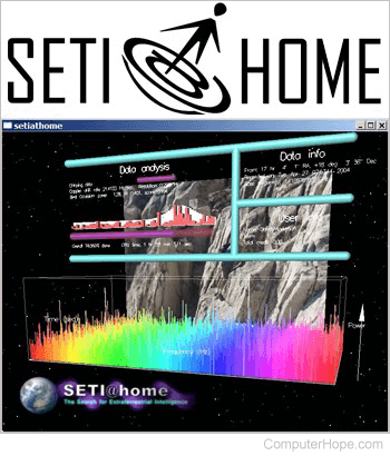SETI@home logo and application window.