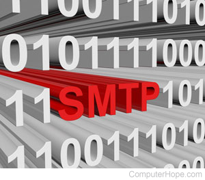 SMTP in red lettering, surrounded by binary code.