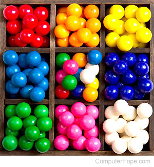 Little balls arranged by color.