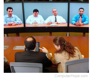 Video conference demonstrating telepresence.