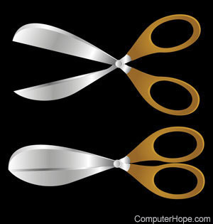Two pairs of scissors, one open and one closed.