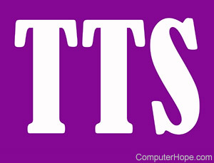 TTS in white lettering on purple background.