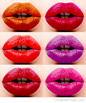 Multiple pairs lips with various shades of red or purple lipstick