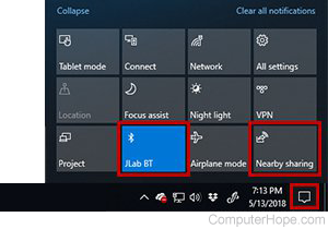 Bluetooth Quick Pairing and Nearby Sharing features can be accessed through new buttons in the Action Center.