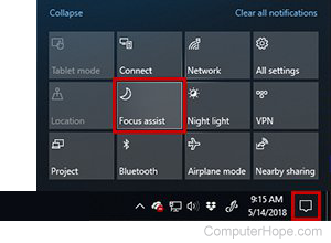 Focus Assist, formerly known as Quiet Hours, in the Action Center.