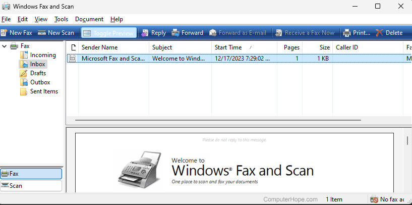 Windows Fax and Scan program in Windows 11.